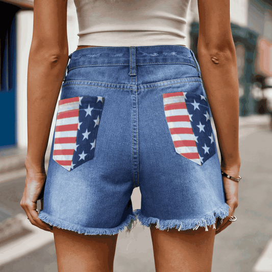 US Flag Distressed Denim Shorts Plus Size Trendsi