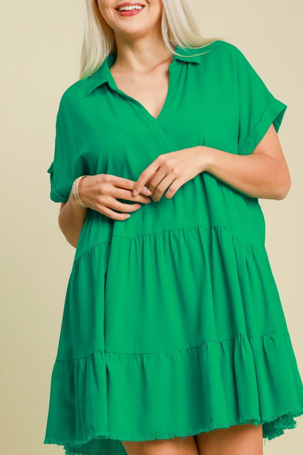 Umgee Raw Hem Folded Sleeve Tiered Dress Plus Size