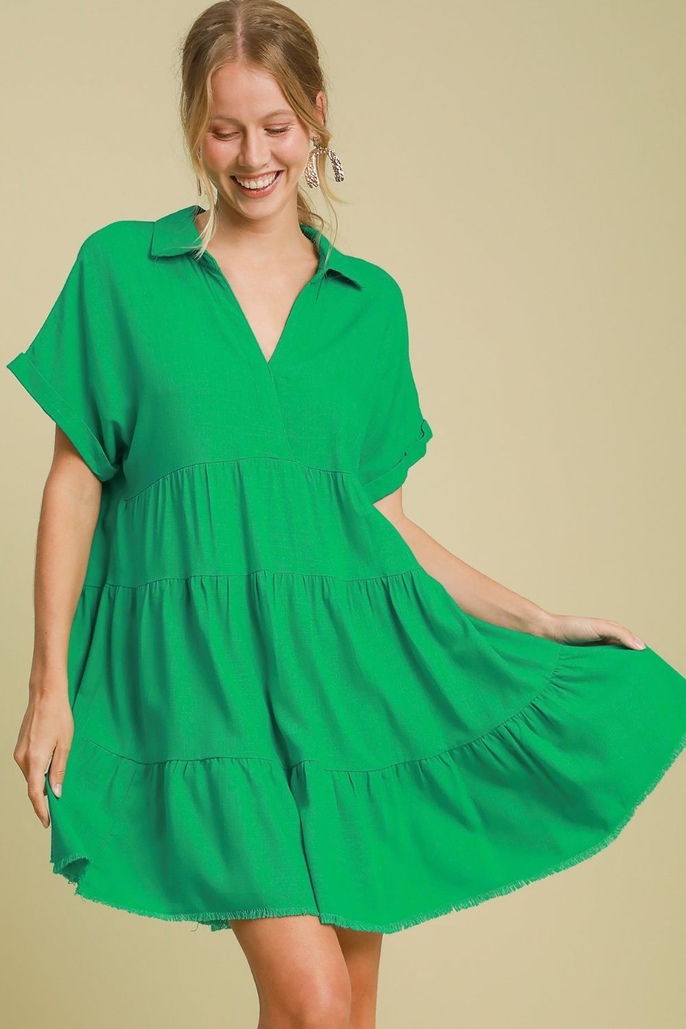 Umgee Raw Hem Folded Sleeve Tiered Dress Plus Size