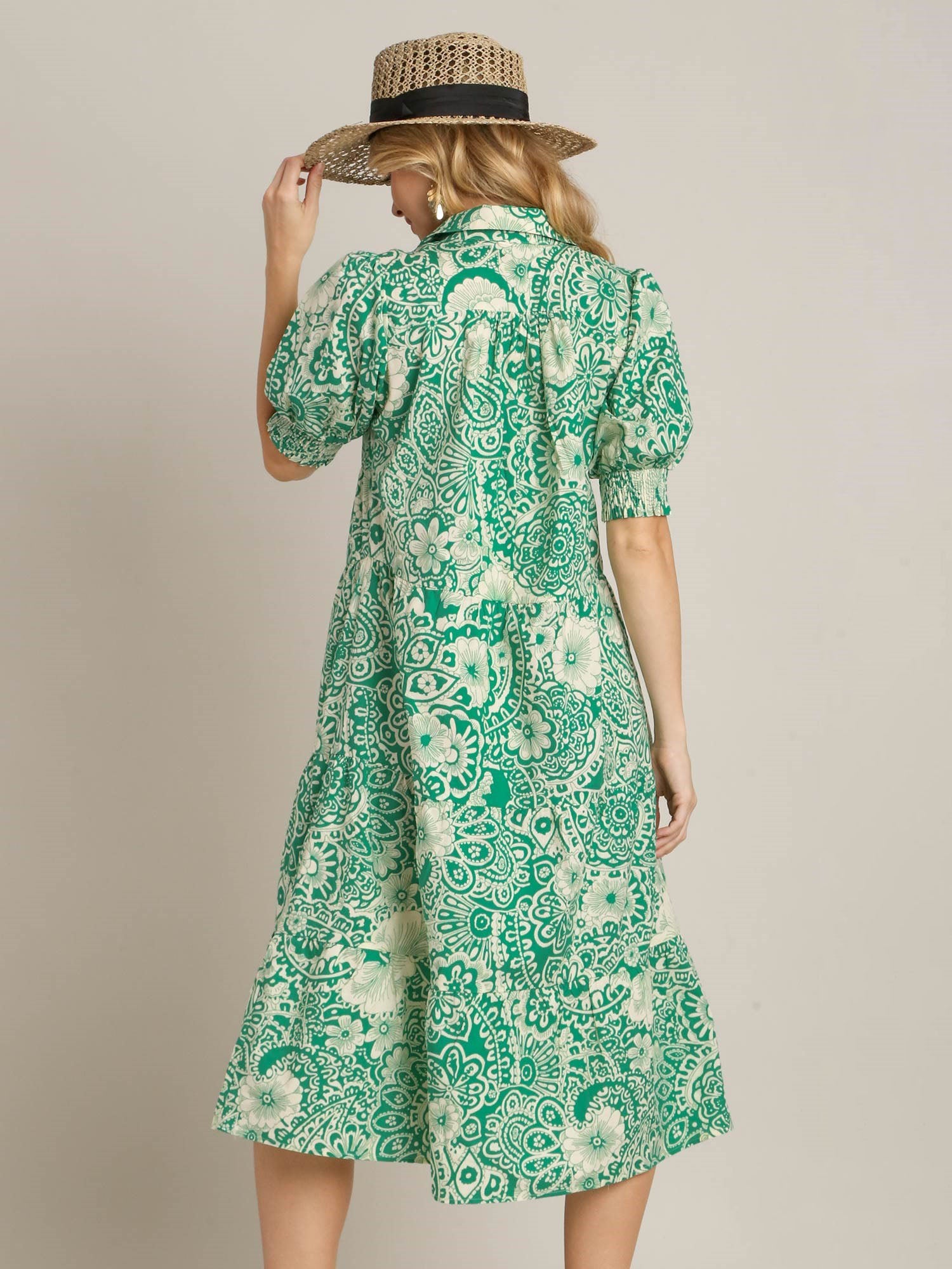 Umgee Green Floral Smocked Puffed Sleeve Midi Dress