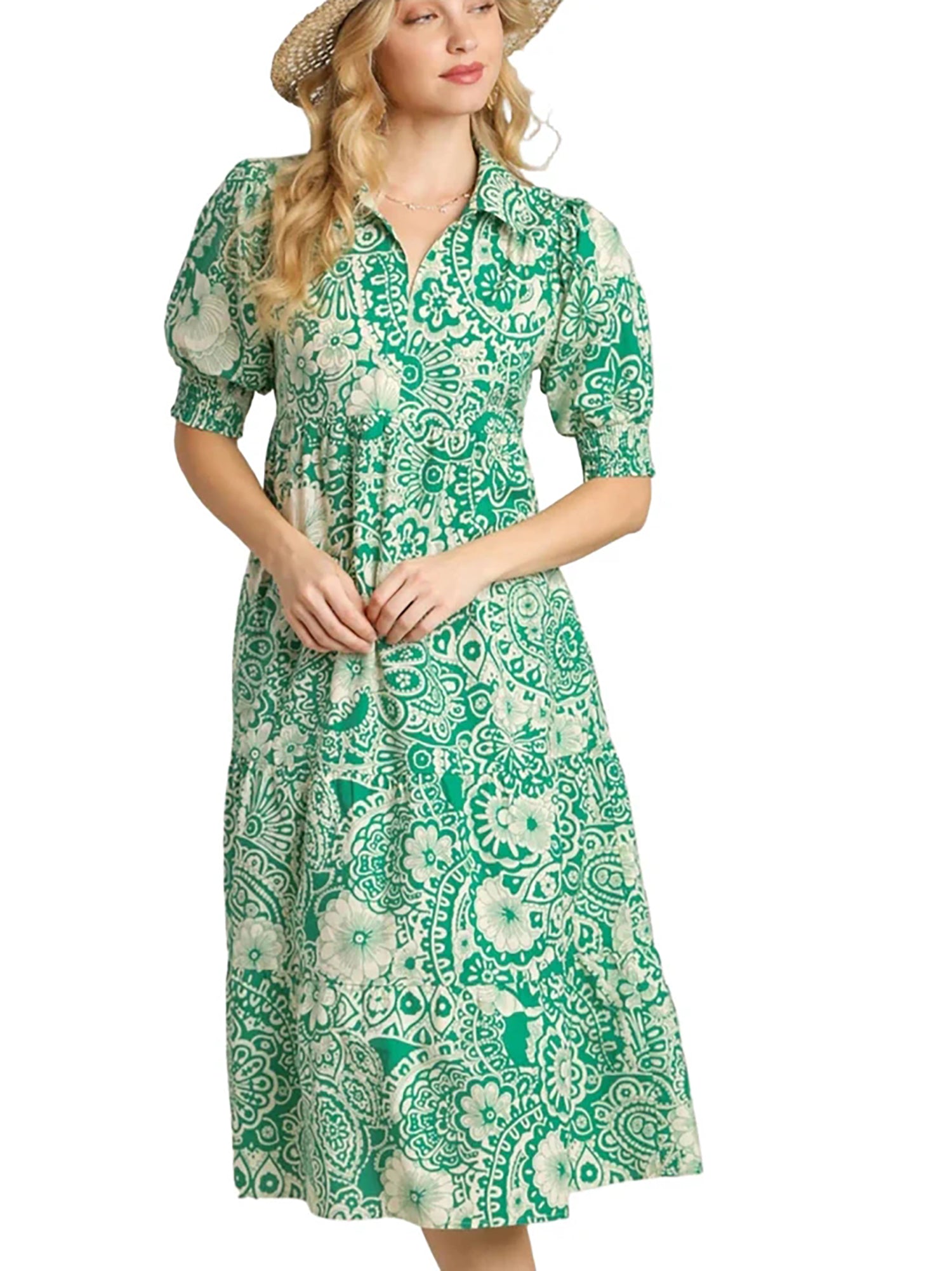 Umgee Green Floral Smocked Puffed Sleeve Midi Dress