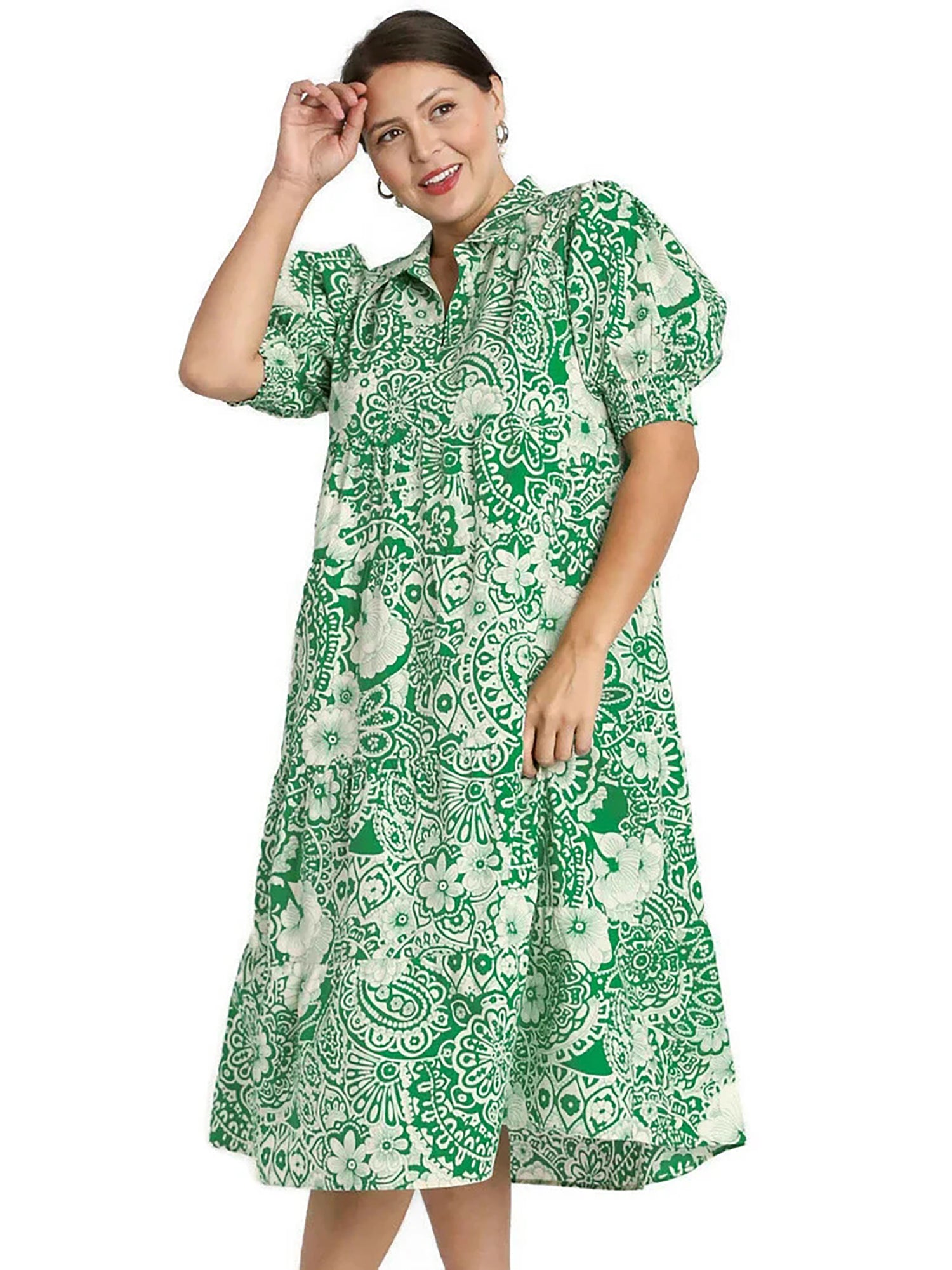 Umgee Green Floral Smocked Puffed Sleeve Midi Dress