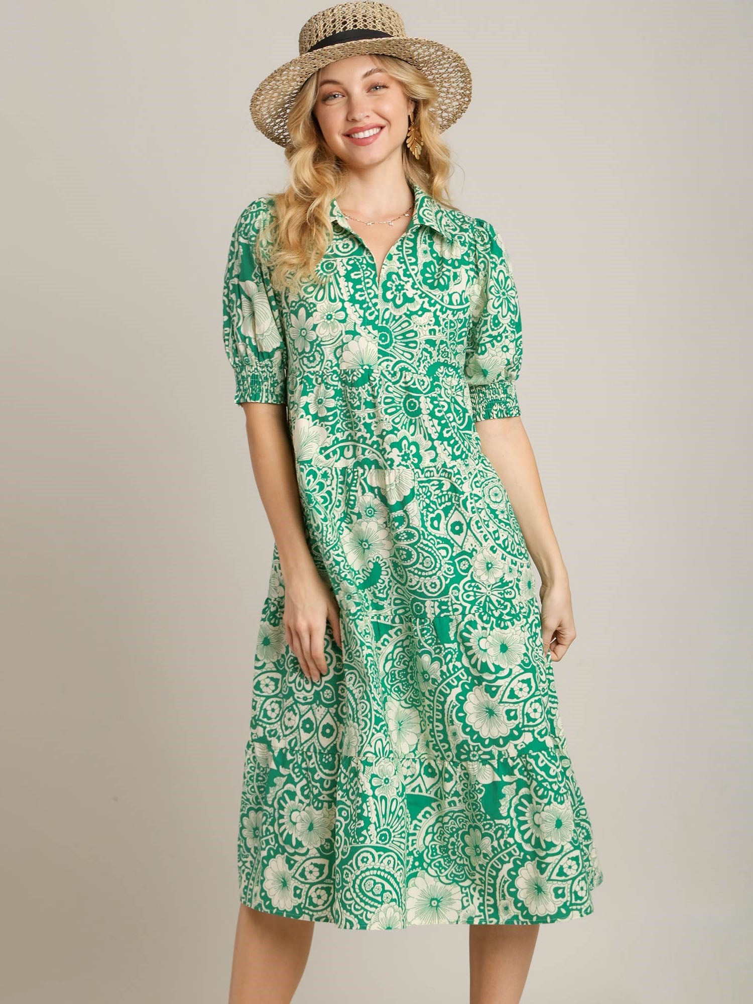 Umgee Green Floral Smocked Puffed Sleeve Midi Dress