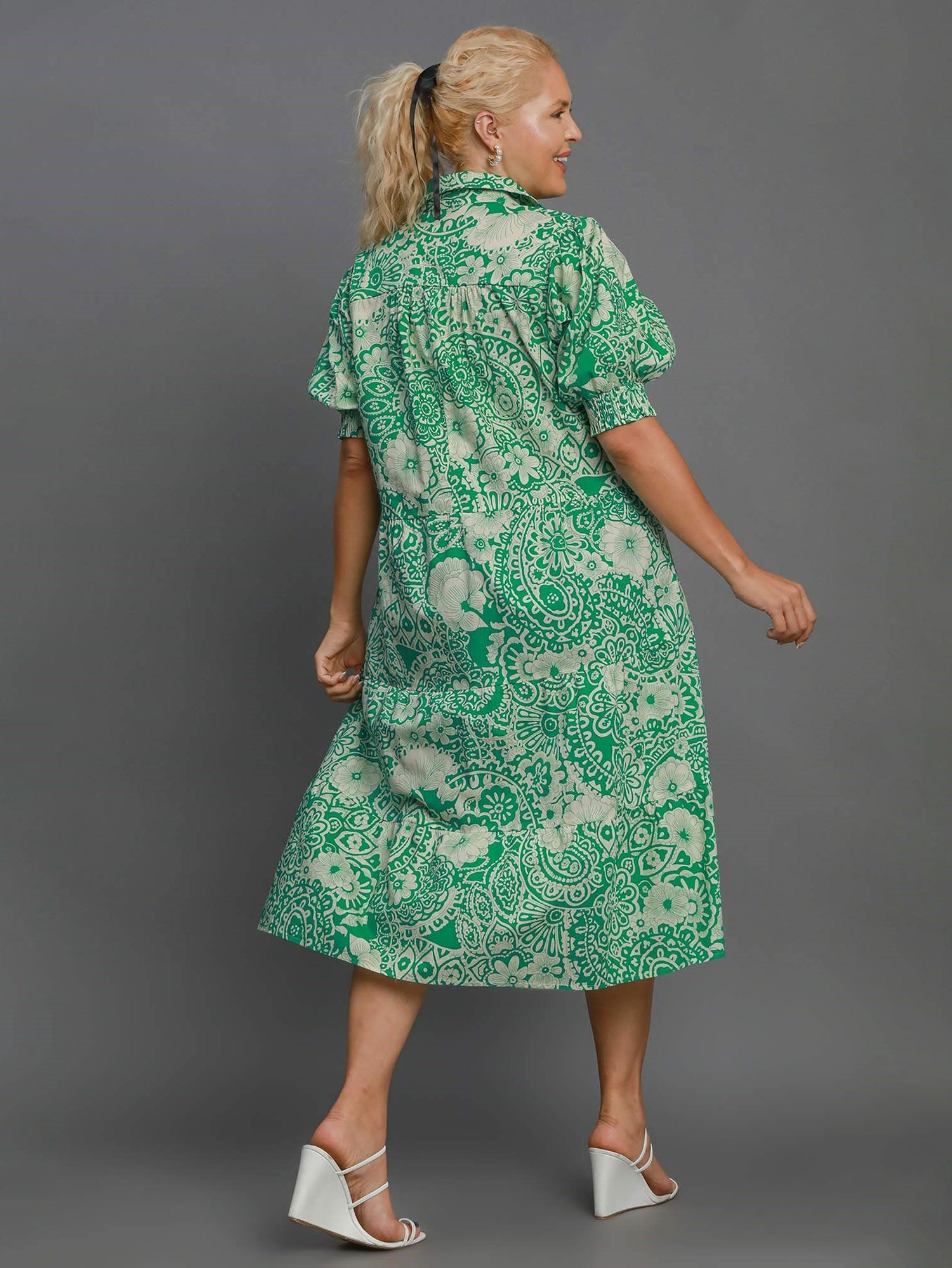 Umgee Green Floral Smocked Puffed Sleeve Midi Dress