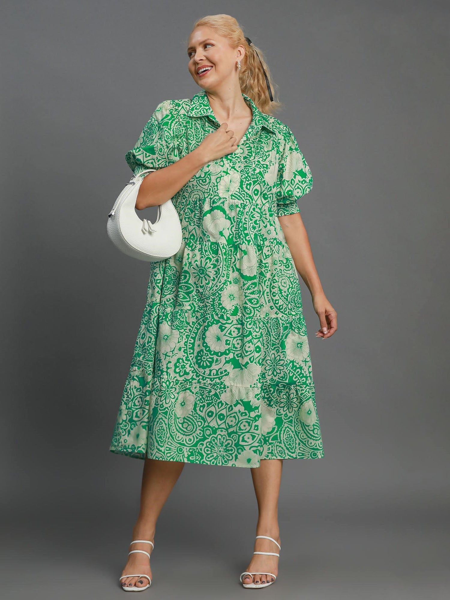 Umgee Green Floral Smocked Puffed Sleeve Midi Dress