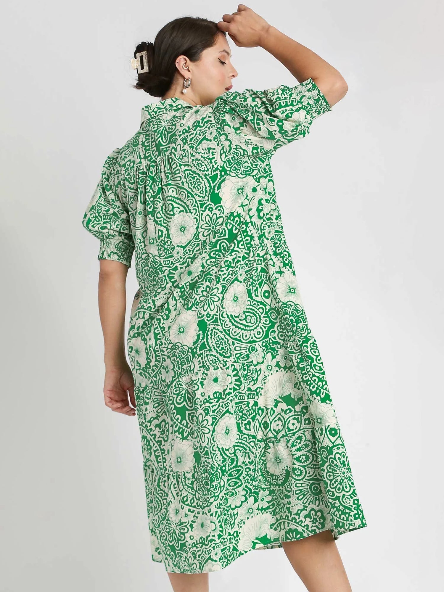 Umgee Green Floral Smocked Puffed Sleeve Midi Dress