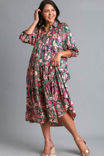 Umgee Paisley Print Satin Tiered Satin Midi Dress Trendsi