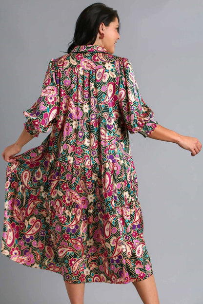 Umgee Paisley Print Satin Tiered Satin Midi Dress Trendsi