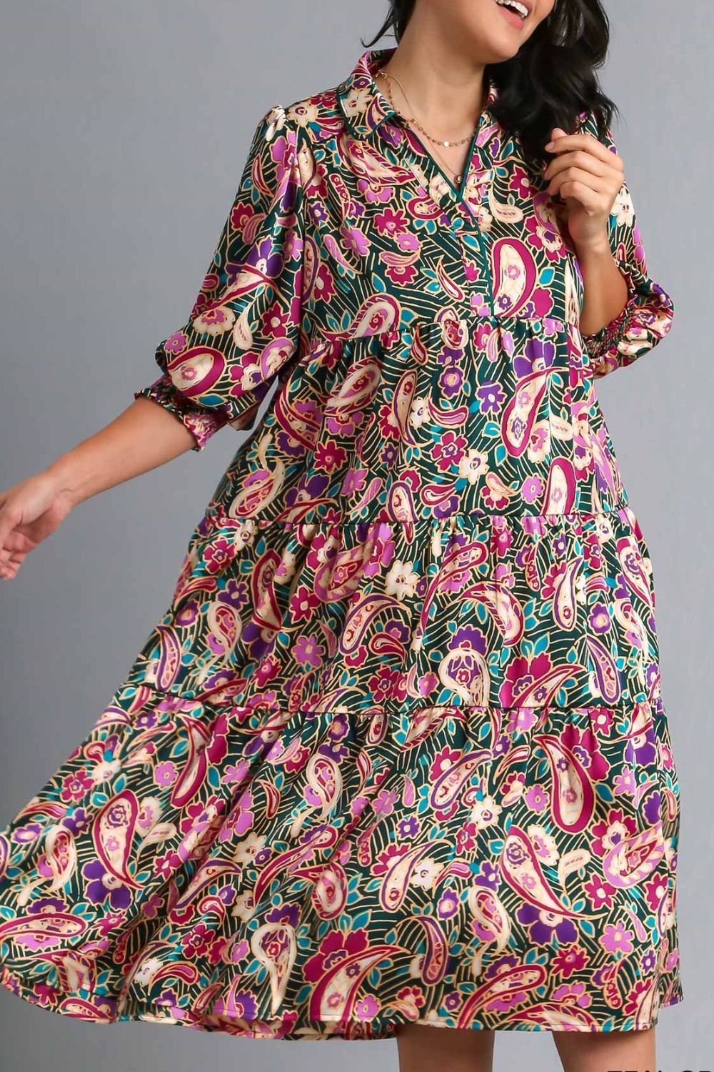 Umgee Paisley Print Satin Tiered Satin Midi Dress Trendsi