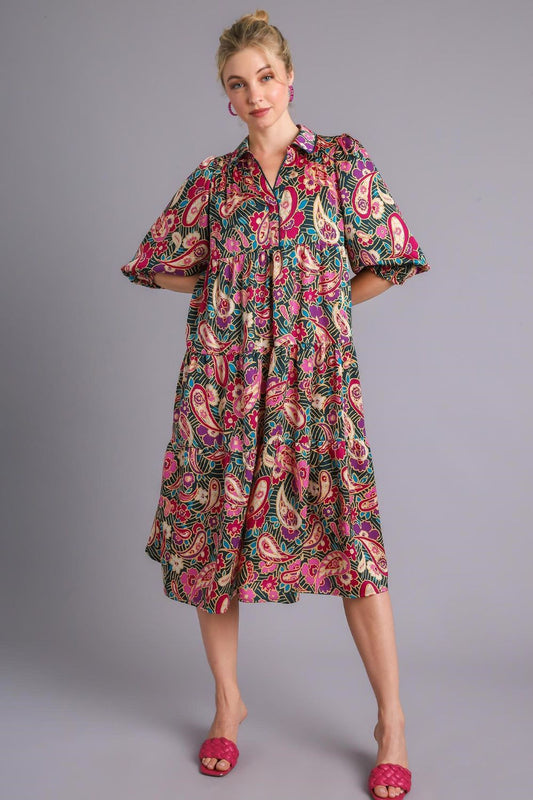 Umgee Paisley Print Satin Tiered Satin Midi Dress Trendsi