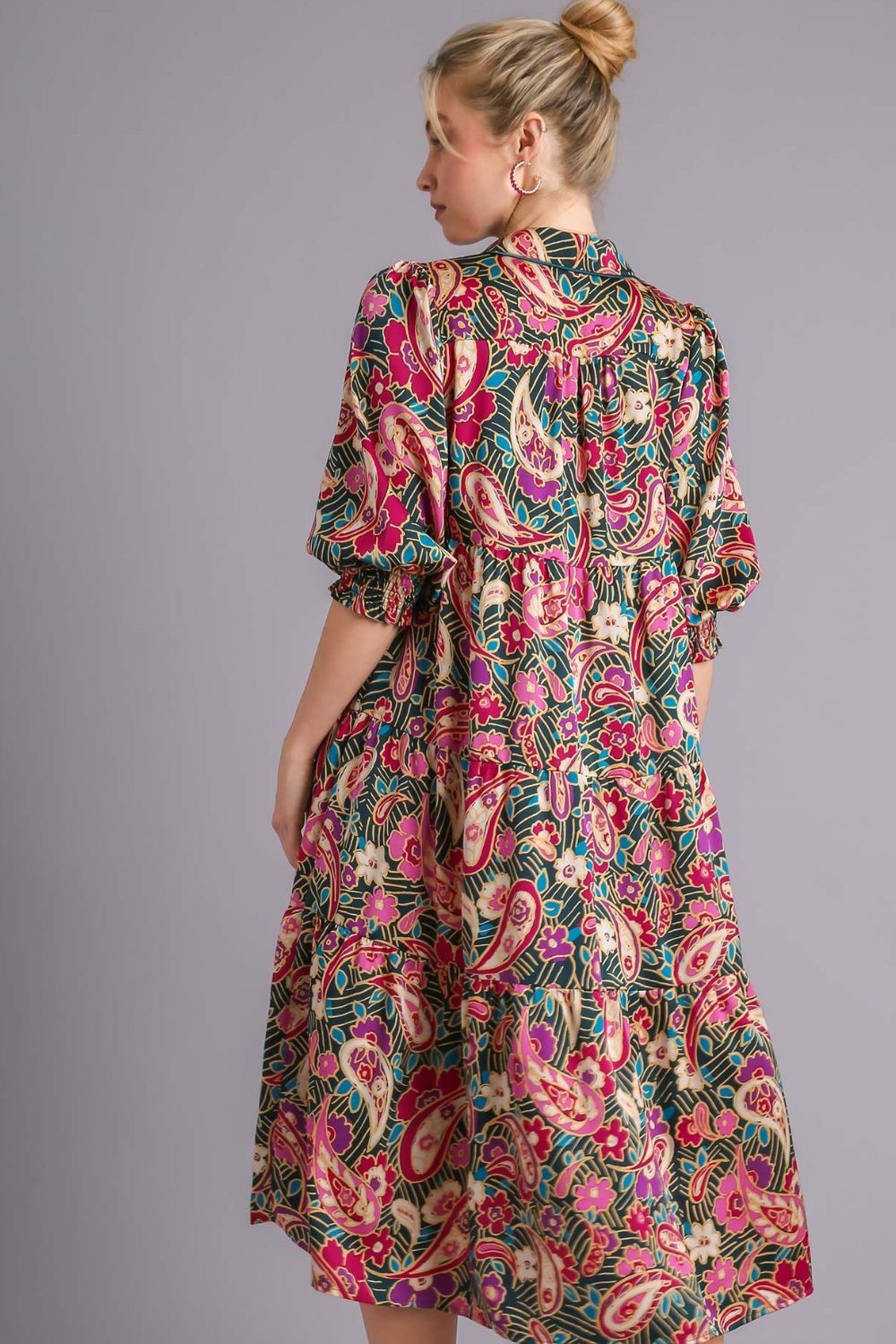 Umgee Paisley Print Satin Tiered Satin Midi Dress Trendsi