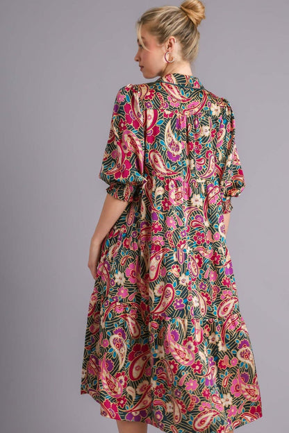 Umgee Paisley Print Satin Tiered Satin Midi Dress Trendsi