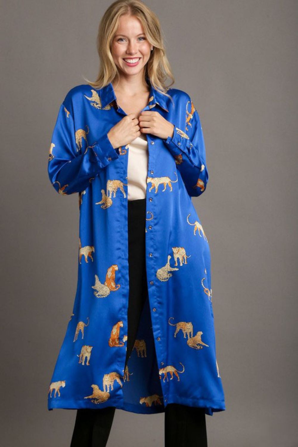 Umgee Animal Print Royal Blue Midi Shirt Dress Trendsi