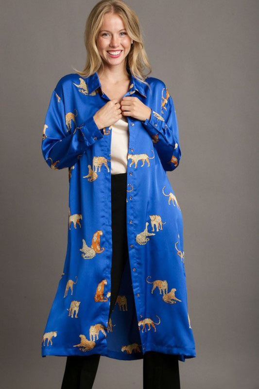 Umgee Animal Print Royal Blue Midi Shirt Dress Trendsi