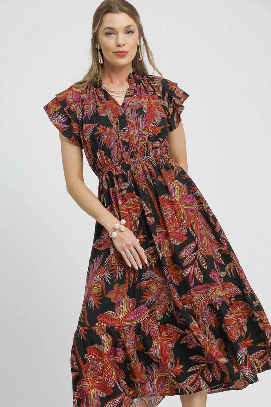 Umgee Mix Ruffle Sleeve Tropical Midi Dress  DAME BOHEME