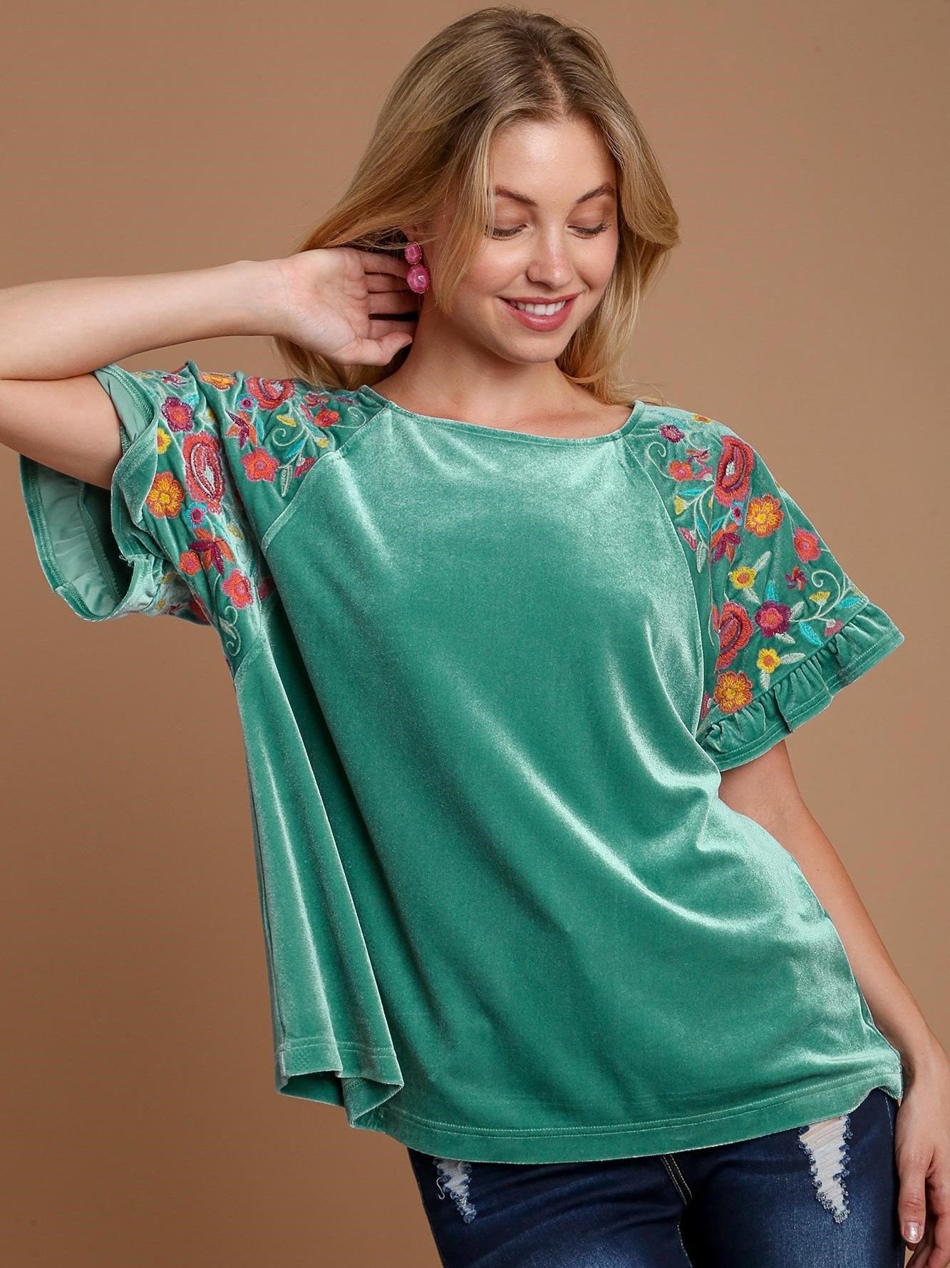 Umgee Velvet Embroidery Short Sleeve Blouse