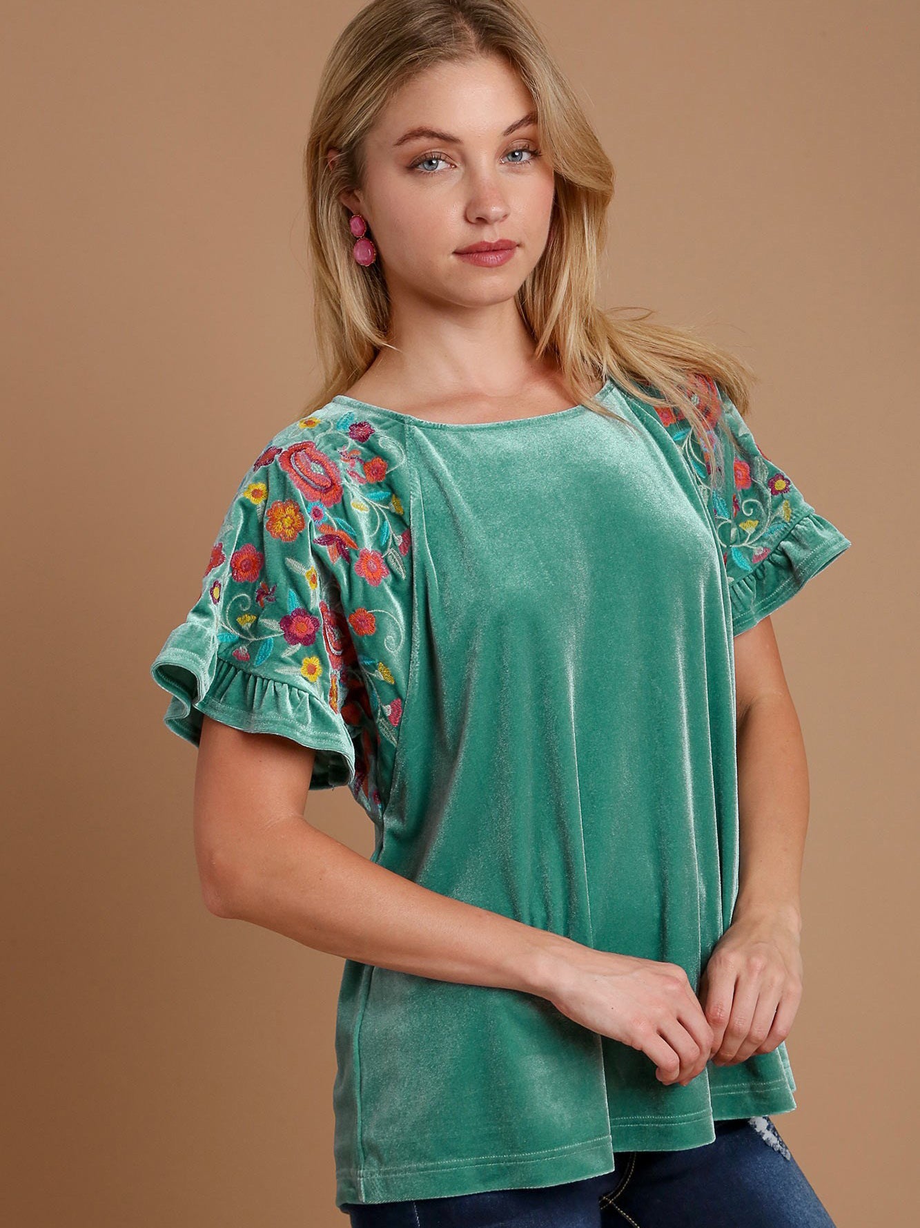 Umgee Velvet Embroidery Short Sleeve Blouse