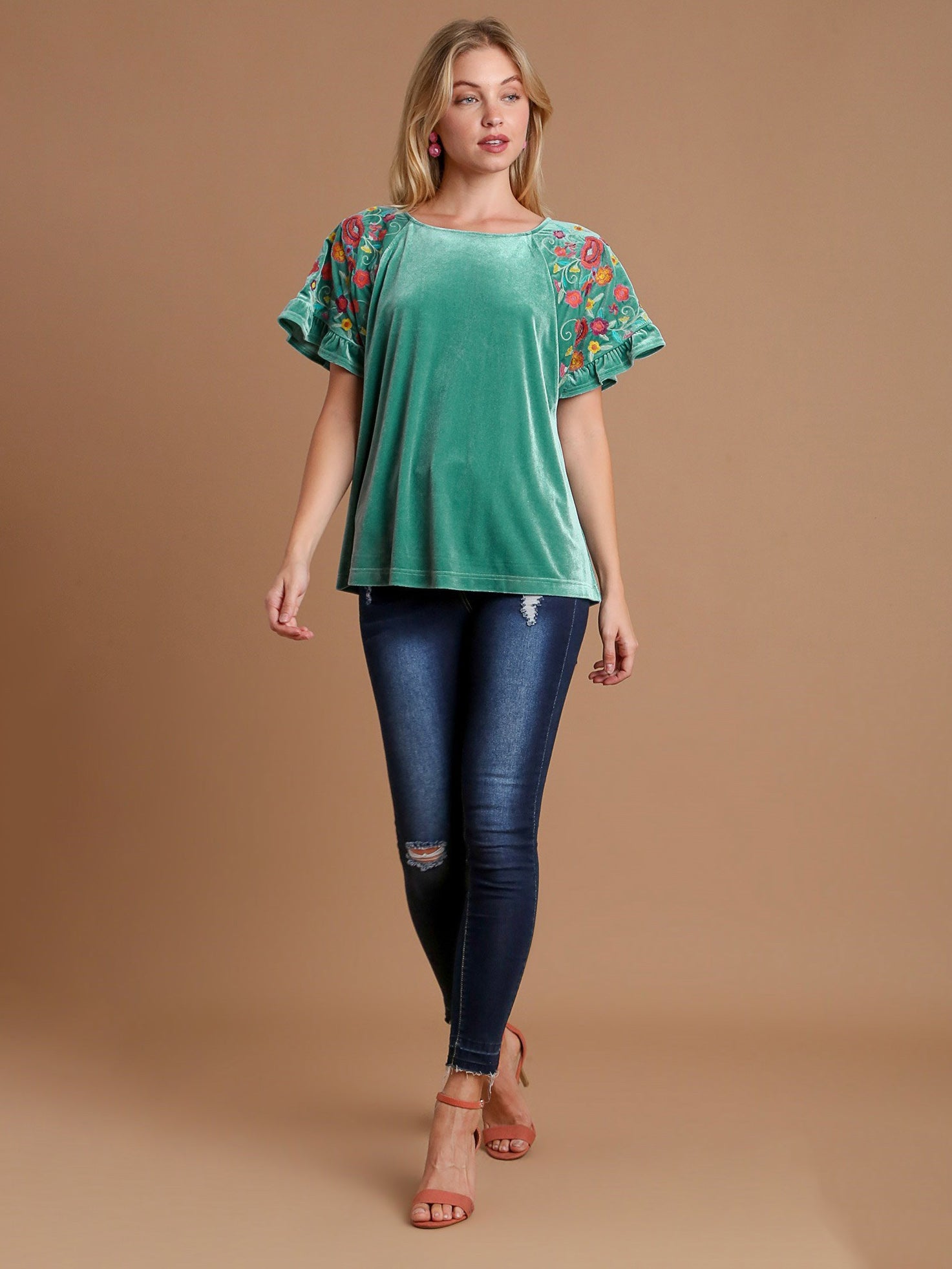 Umgee Velvet Embroidery Short Sleeve Blouse