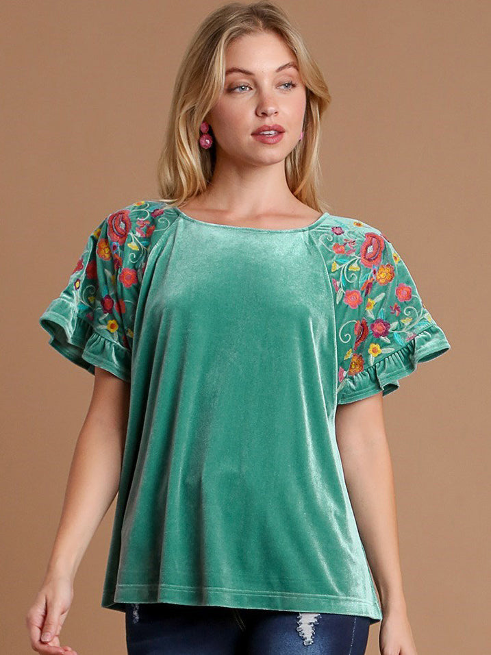 Umgee Velvet Embroidery Short Sleeve Blouse