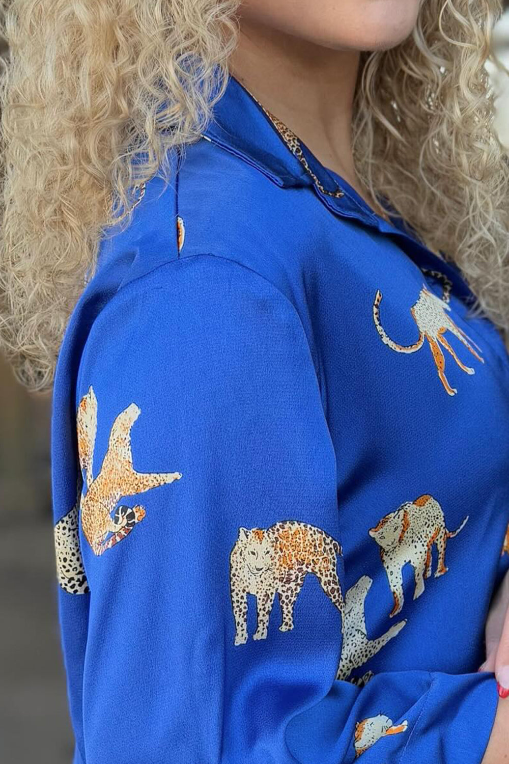 Umgee Animal Print Royal Blue Midi Shirt Dress Trendsi