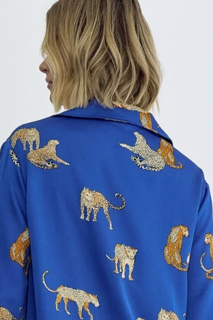 Umgee Animal Print Royal Blue Midi Shirt Dress Trendsi