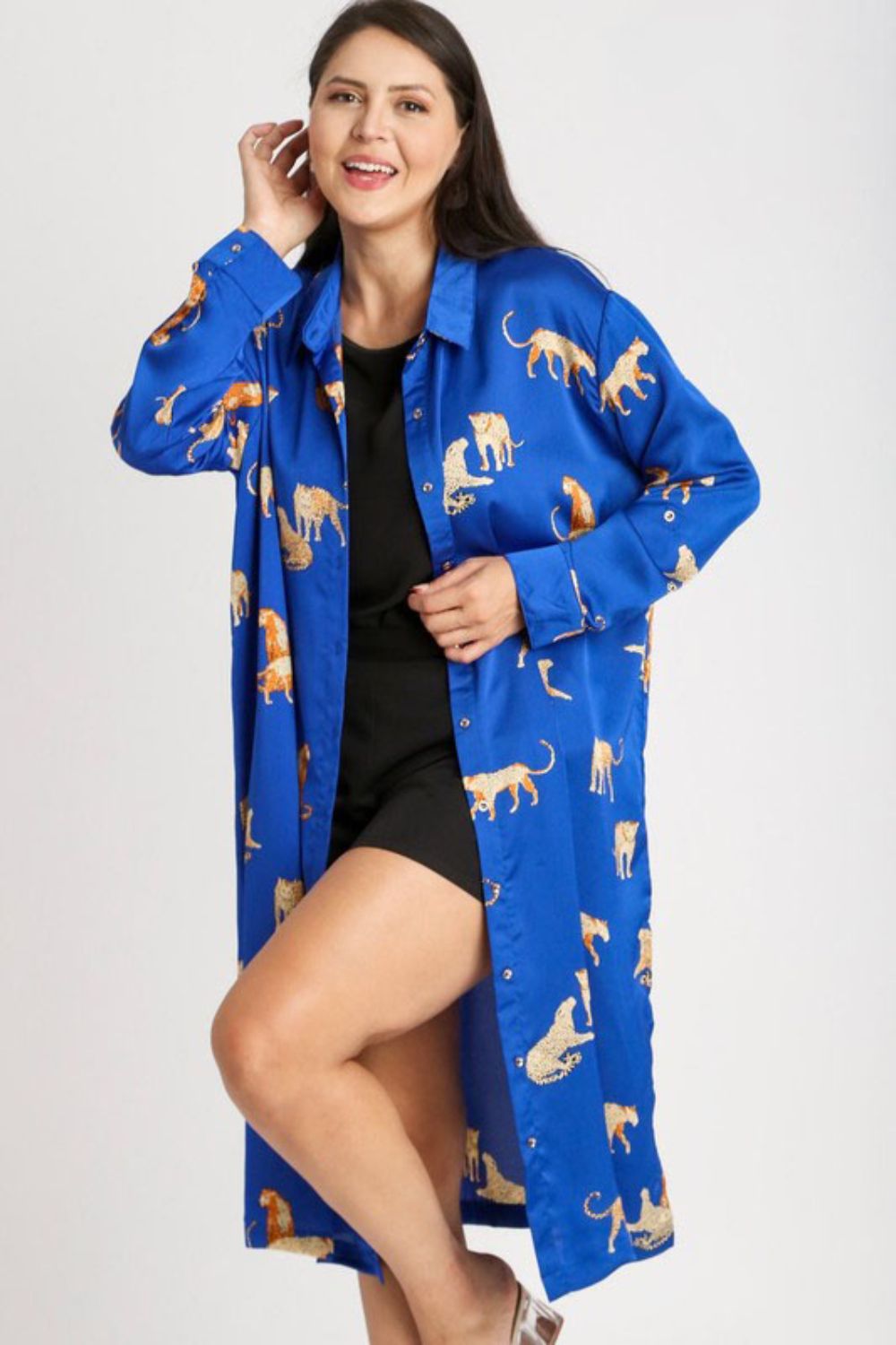 Umgee Animal Print Royal Blue Midi Shirt Dress Trendsi