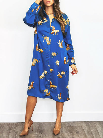 Umgee Animal Print Royal Blue Midi Shirt Dress Trendsi