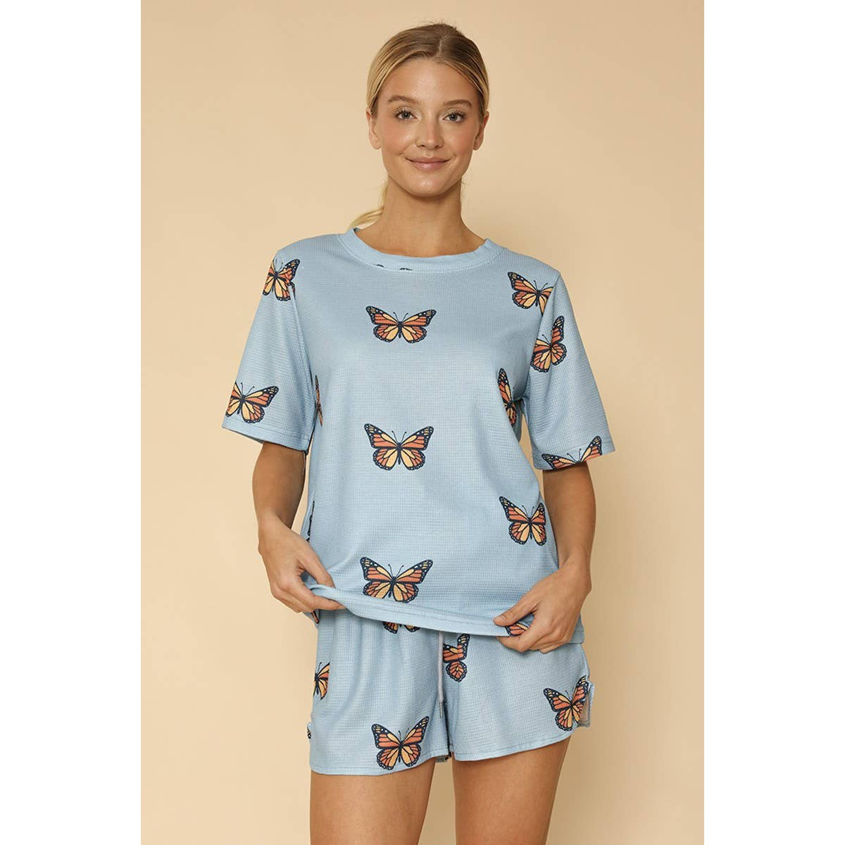 Waffle Fabric Printed Matching Top and Shorts Set - Monarch Butterfly or Mushroom Print  DAME BOHEME