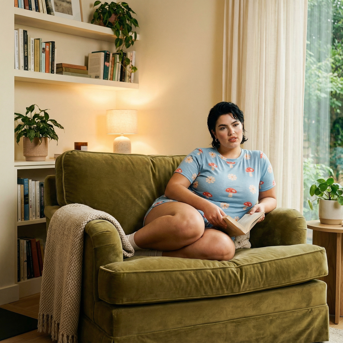 Waffle Fabric Printed Matching Top and Shorts Set - Monarch Butterfly or Mushroom Print  DAME BOHEME