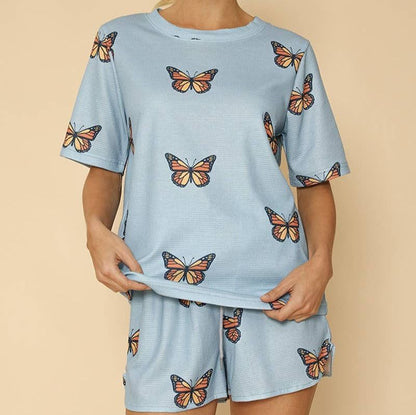 Waffle Fabric Printed Matching Top and Shorts Set - Monarch Butterfly or Mushroom Print  DAME BOHEME