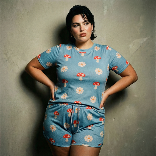 Waffle Fabric Printed Matching Top and Shorts Set - Monarch Butterfly or Mushroom Print  DAME BOHEME