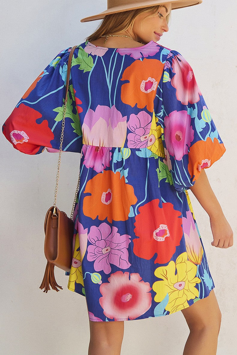 Women Floral Print Royal Blue Babydoll Dress YNIQUE