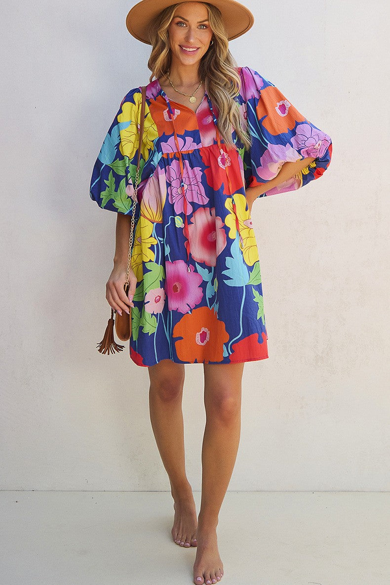 Women Floral Print Royal Blue Babydoll Dress YNIQUE