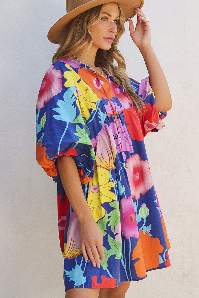 Women Floral Print Royal Blue Babydoll Dress YNIQUE