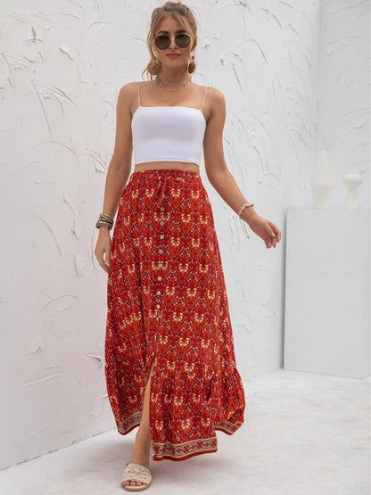 Boho Floral Print Tiered Buttoned Maxi Skirt Annva USA
