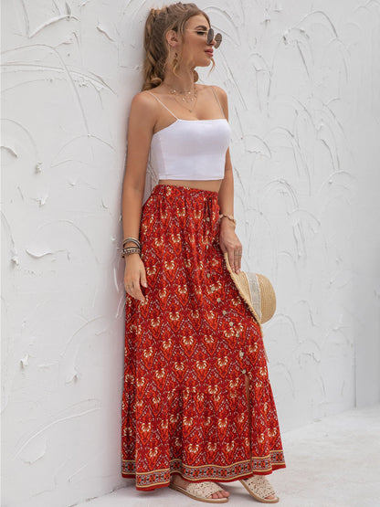 Boho Floral Print Tiered Buttoned Maxi Skirt Annva USA
