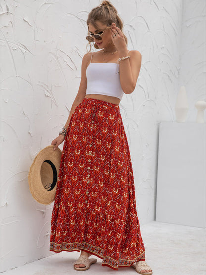 Boho Floral Print Tiered Buttoned Maxi Skirt Annva USA