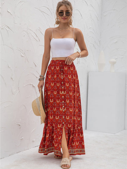 Boho Floral Print Tiered Buttoned Maxi Skirt Annva USA