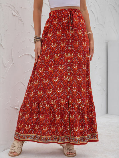 Boho Floral Print Tiered Buttoned Maxi Skirt Annva USA