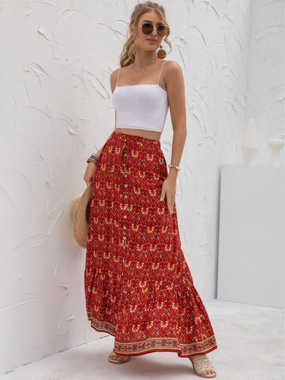 Boho Floral Print Tiered Buttoned Maxi Skirt Annva USA