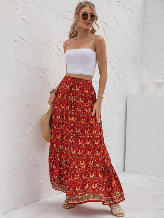 Boho Floral Print Tiered Buttoned Maxi Skirt Annva USA