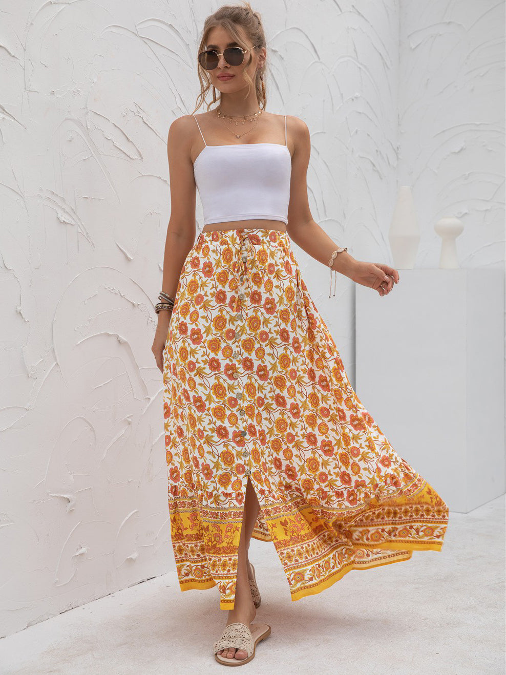 Boho Floral Print Tiered Buttoned Maxi Skirt Annva USA