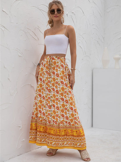 Boho Floral Print Tiered Buttoned Maxi Skirt Annva USA