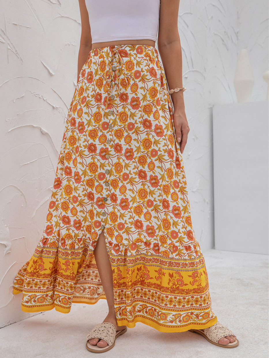 Boho Floral Print Tiered Buttoned Maxi Skirt Annva USA