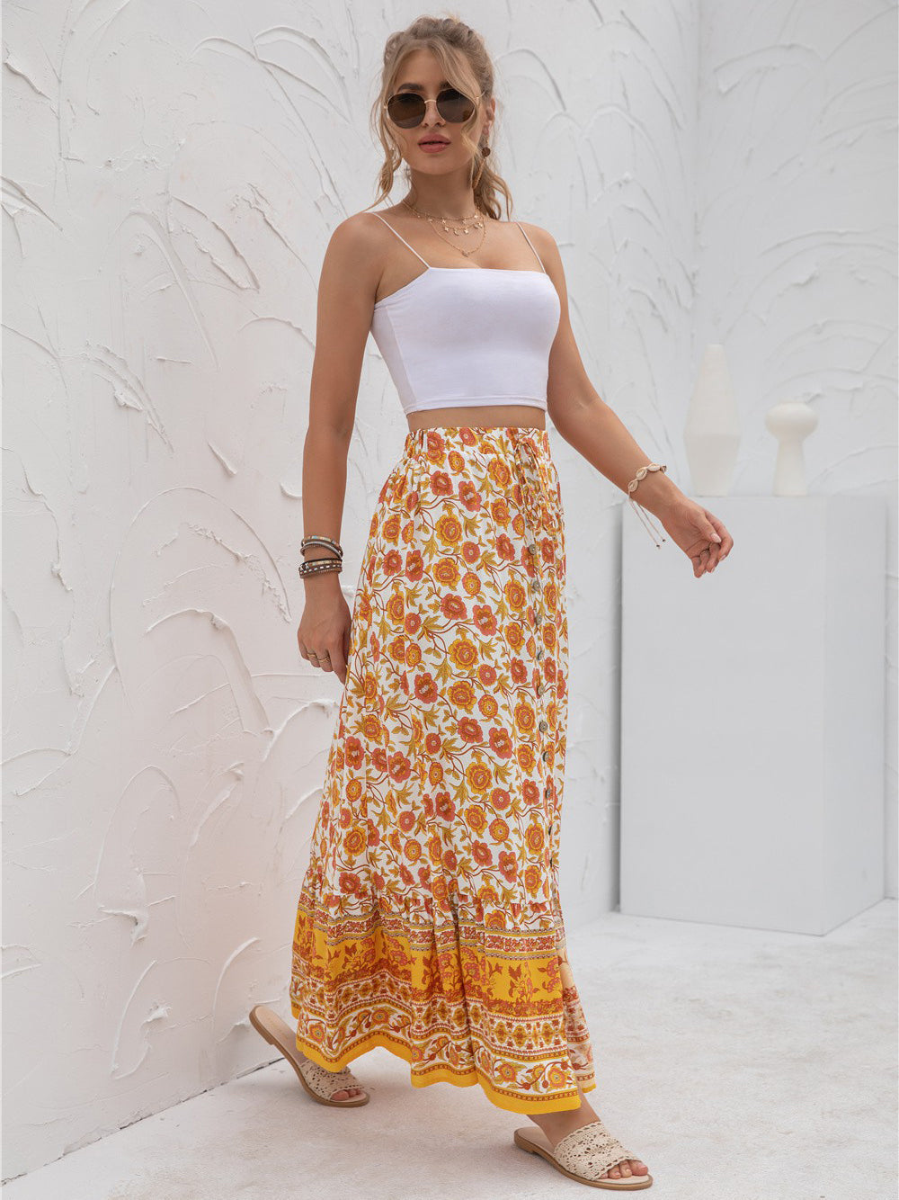 Boho Floral Print Tiered Buttoned Maxi Skirt Annva USA