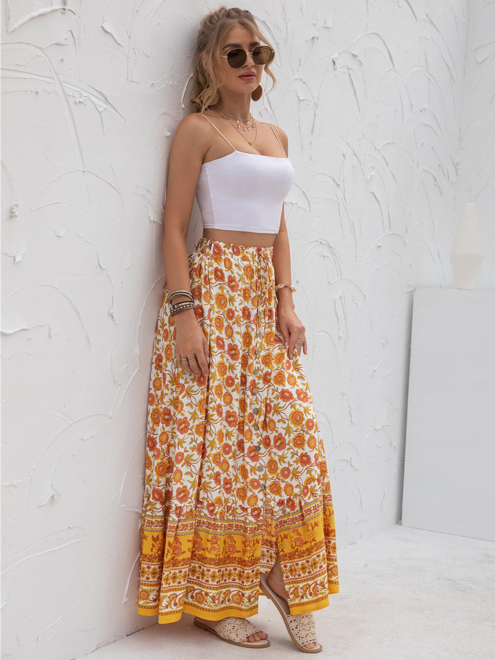 Boho Floral Print Tiered Buttoned Maxi Skirt Annva USA