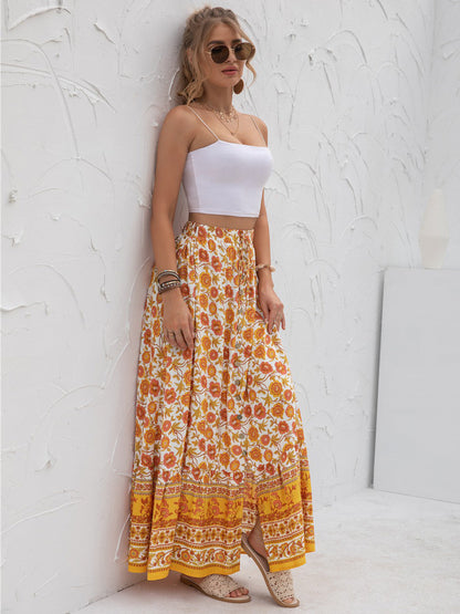 Boho Floral Print Tiered Buttoned Maxi Skirt Annva USA