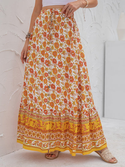 Boho Floral Print Tiered Buttoned Maxi Skirt Annva USA