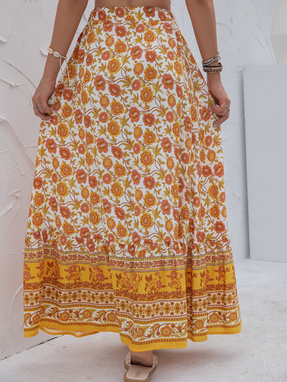 Boho Floral Print Tiered Buttoned Maxi Skirt Annva USA