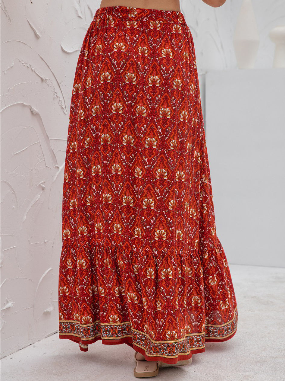 Boho Floral Print Tiered Buttoned Maxi Skirt Annva USA